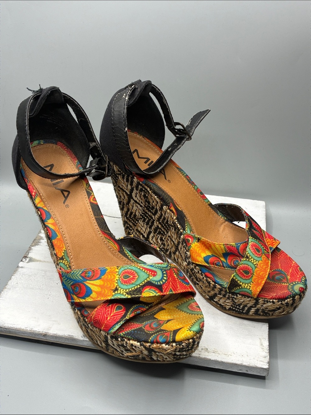 MIA Black Ankle-Strap Wedges with Multicolor Floral Print